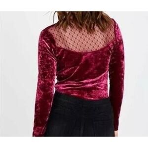 Altar'd State Maroon Sheer Back Long Sleeve Velour Bodysuit Blouse Large